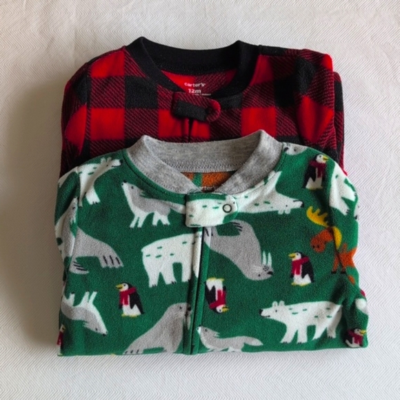 carter's 2-pack winter fleece zipper footie sleeper pajamas bundle 12 months - Picture 1 of 9